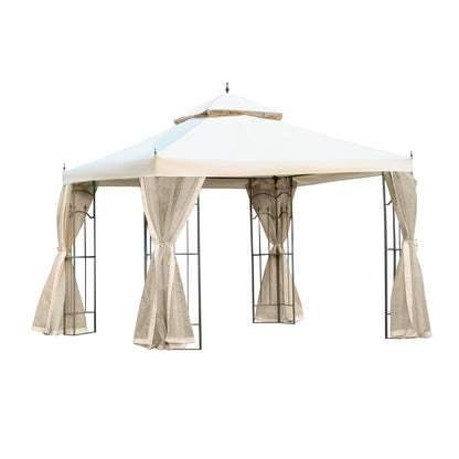 Outsunny 300x300cm Garden Gazebo Double Top Outdoor Canopy Patio Event Party Tent Backyard Sun Shade with Mesh Curtain Beige