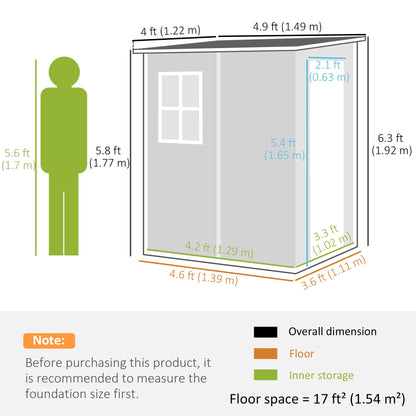 Outsunny 4'x5' Garden Storage Shed, Lean to Shed, Lockable Garden Shed with Window, Vent and Plastic Roof, Grey