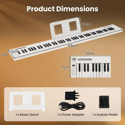 4PCS Portable Folding Full Size Electric Piano with Sustain Pedal Music Stand and Rechargeable Battery-White