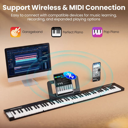 4PCS Portable Folding Full Size Electric Piano with Sustain Pedal Music Stand and Rechargeable Battery-Black