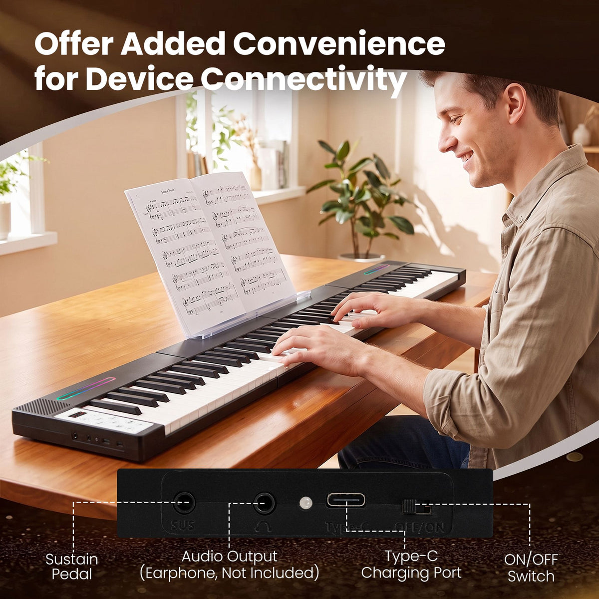 4PCS Portable Folding Full Size Electric Piano with Sustain Pedal Music Stand and Rechargeable Battery-Black