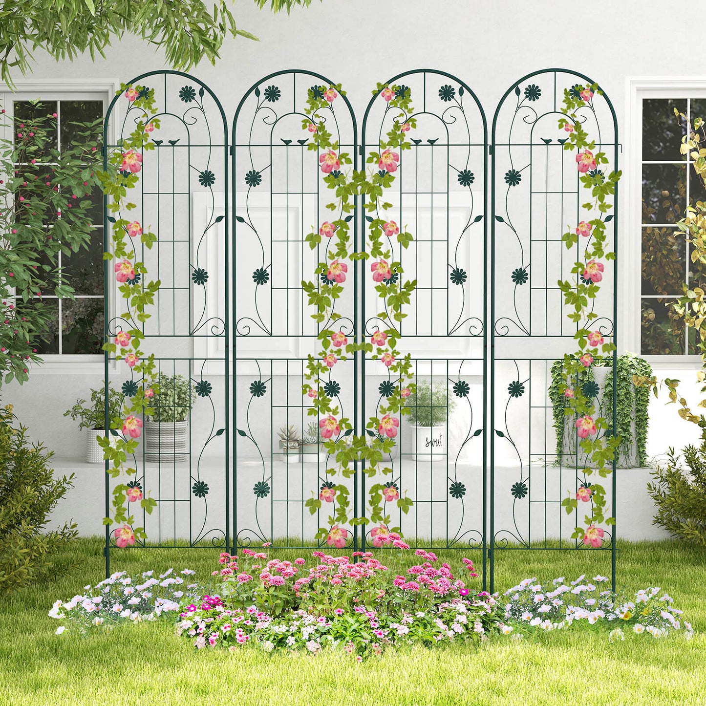 2/4 Opakowanie Metalowej Kratki Ogrodowej 180 cm x 50 cm Panel Kratowy-Zielony-4 Opakowania