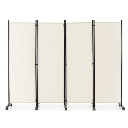 4-Panel Folding Room Divider with Wheels for Living Room Bedroom -White