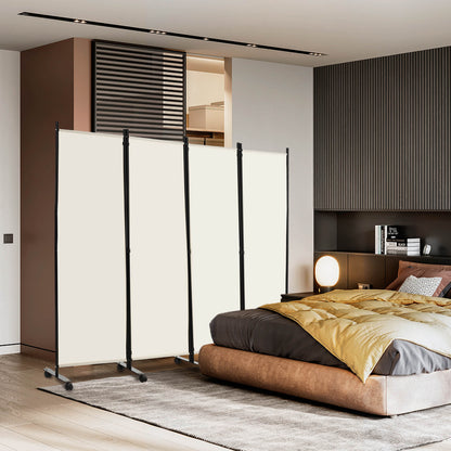 4-Panel Folding Room Divider with Wheels for Living Room Bedroom -White