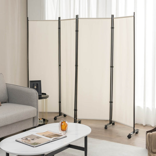 4-Panel Folding Room Divider with Wheels for Living Room Bedroom -White