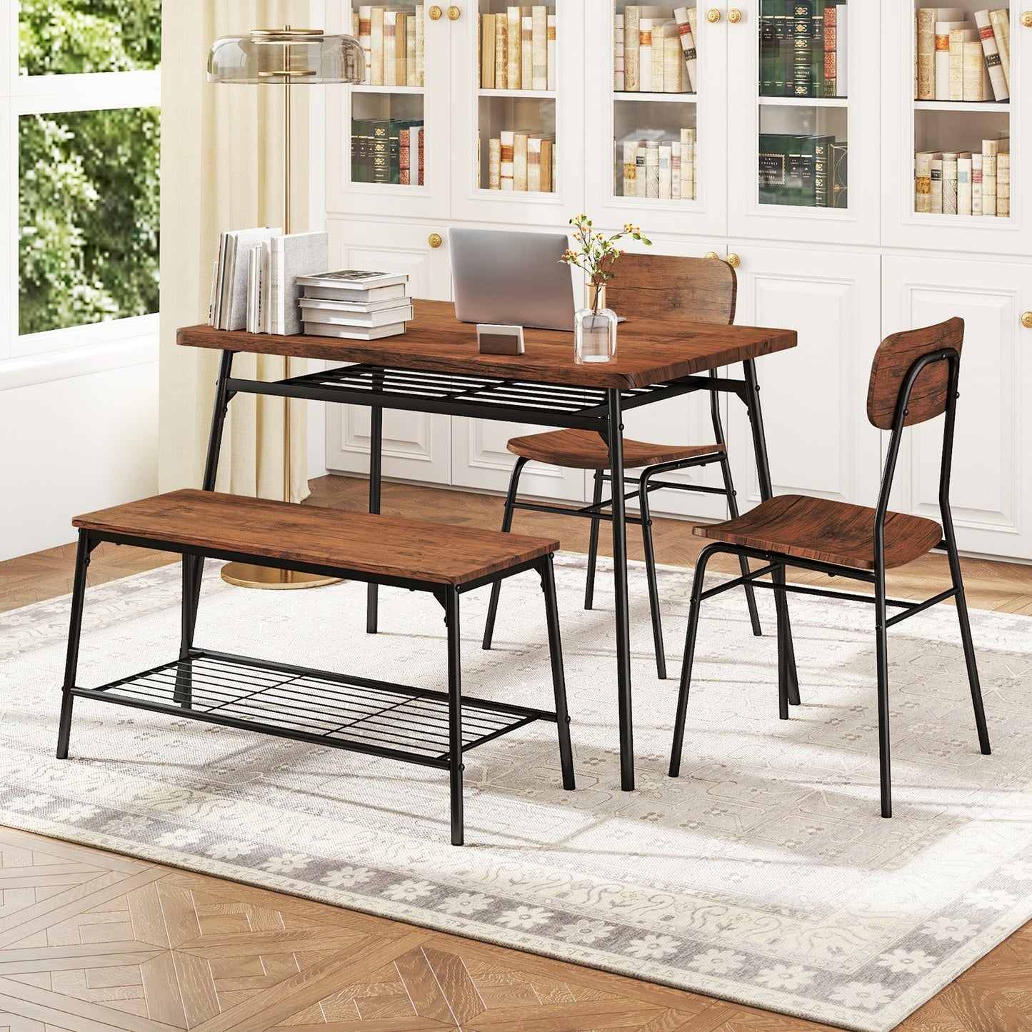 4-Piece Dining Table Set Metal with Bench and Storage Racks-Brown