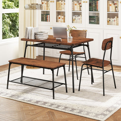 4-Piece Dining Table Set Metal with Bench and Storage Racks-Brown