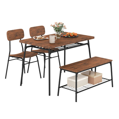 4-Piece Dining Table Set Metal with Bench and Storage Racks-Brown