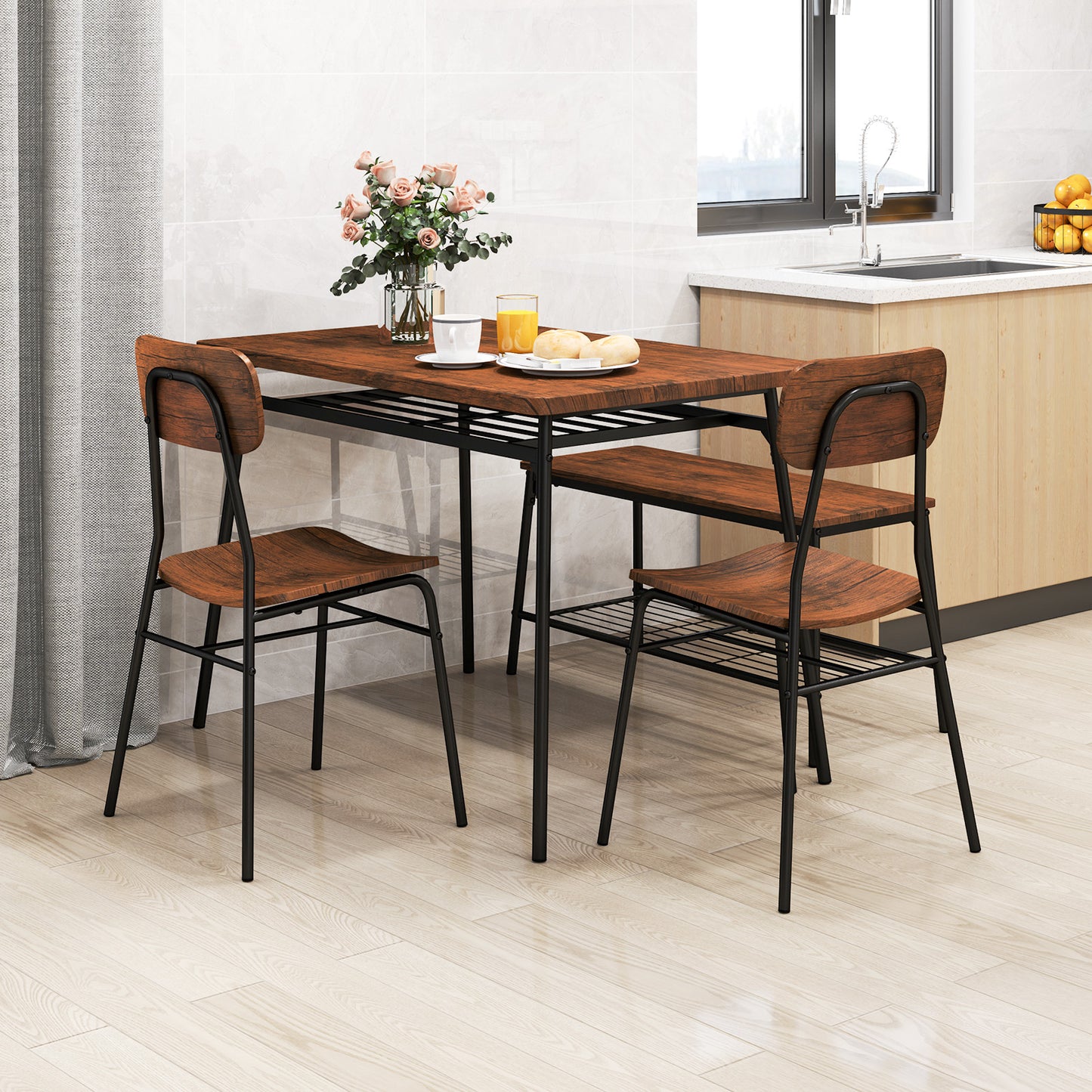 4-Piece Dining Table Set Metal with Bench and Storage Racks-Brown