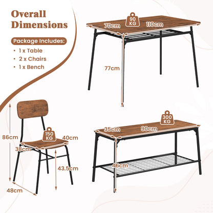 4-Piece Dining Table Set Metal with Bench and Storage Racks-Brown
