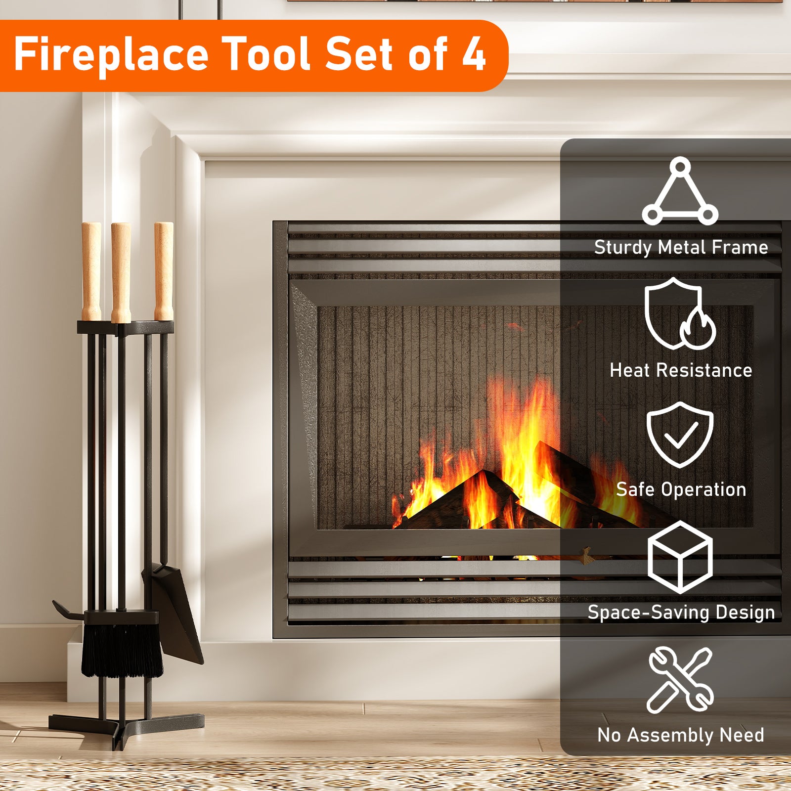 4-Piece Metal Fireplace Tools Set with Wood Handle and Base Stand Holder