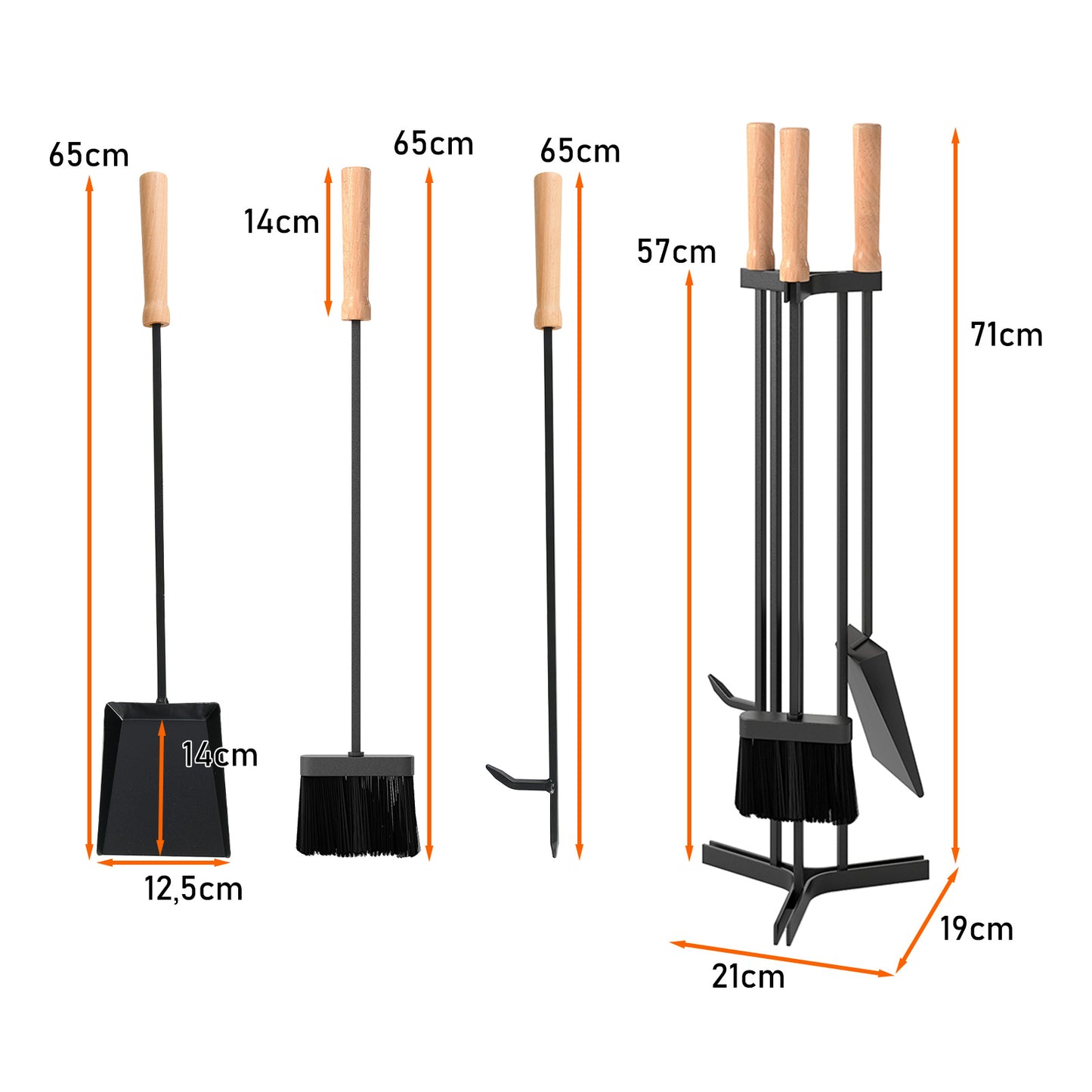4-Piece Metal Fireplace Tools Set with Wood Handle and Base Stand Holder
