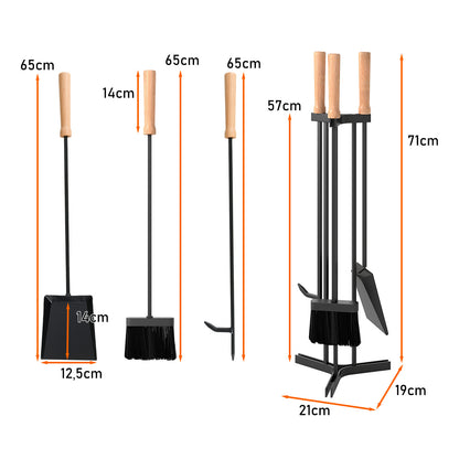 4-Piece Metal Fireplace Tools Set with Wood Handle and Base Stand Holder