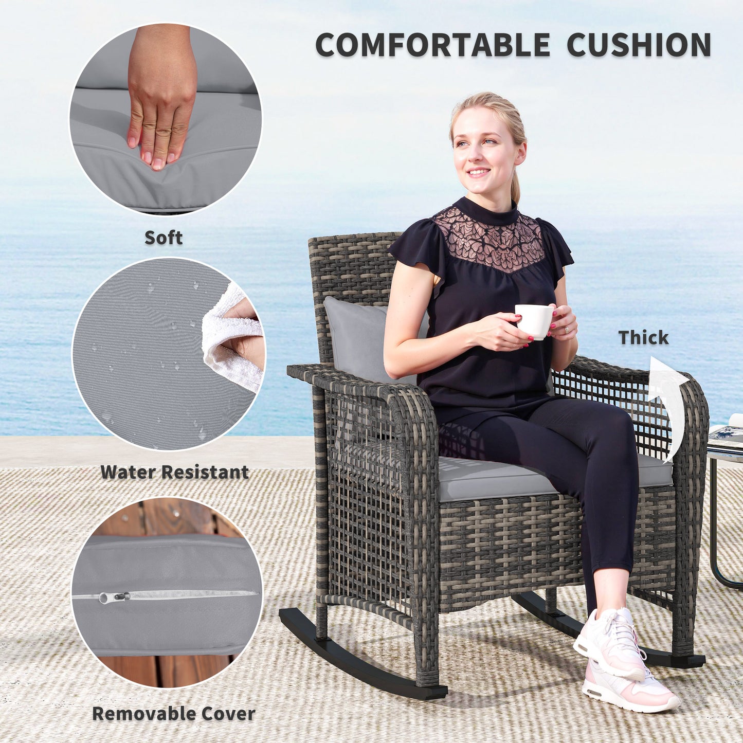 Fotel bujany Outsunny Rattan - jasnoszary