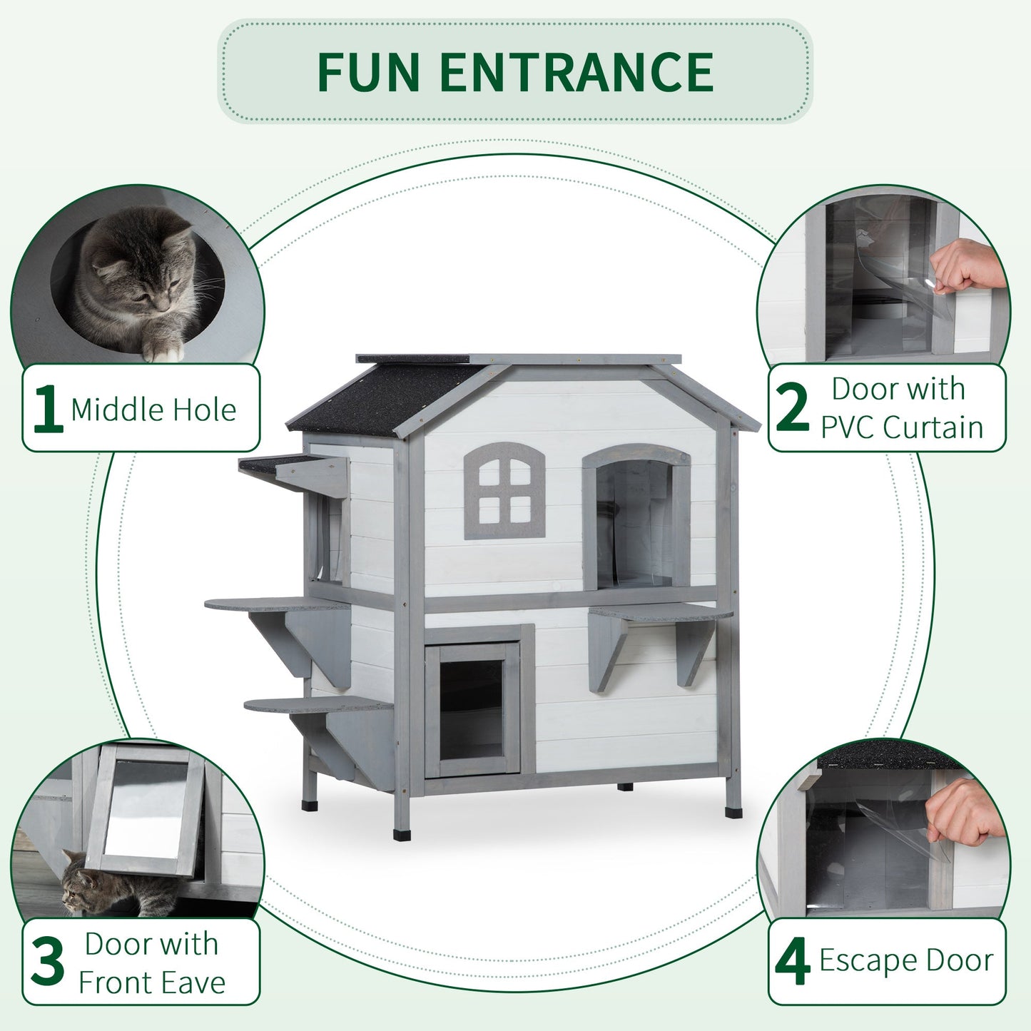 PawHut 2-Story Indoor or Outdoor Cat House W/ Escape Door, Cat Shelter, White