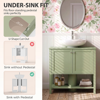 HOMCOM Under Sink Bathroom Cabinet with 2 Doors, Open Shelf and U-Shape Cut-Out for Basin with or without Pedestal, Green