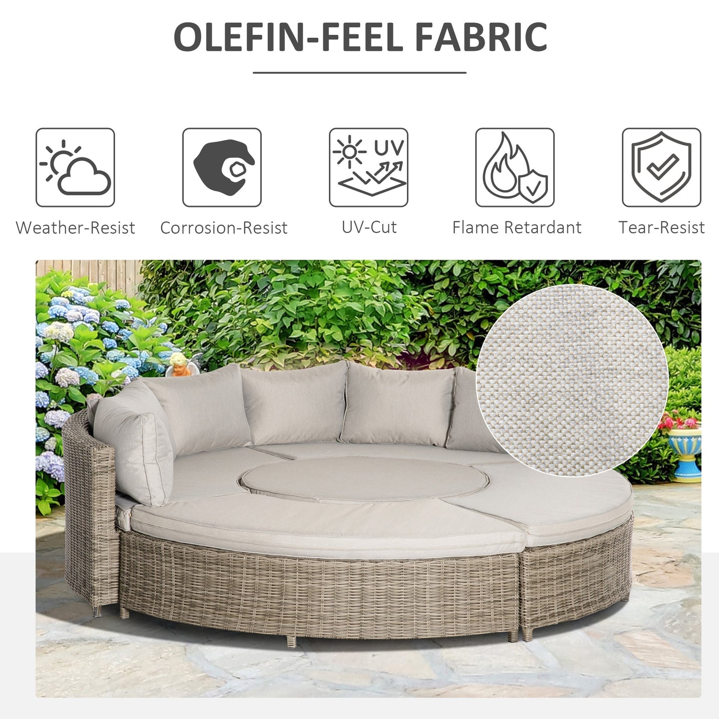 Outsunny 5 Pieces Outdoor PE Rattan Round Garden Daybed with Cushions, Aluminium Patio Furniture Set Lounge Chair Conversation Sofa Set with Liftable Coffee Table and Protect Cover, Grey