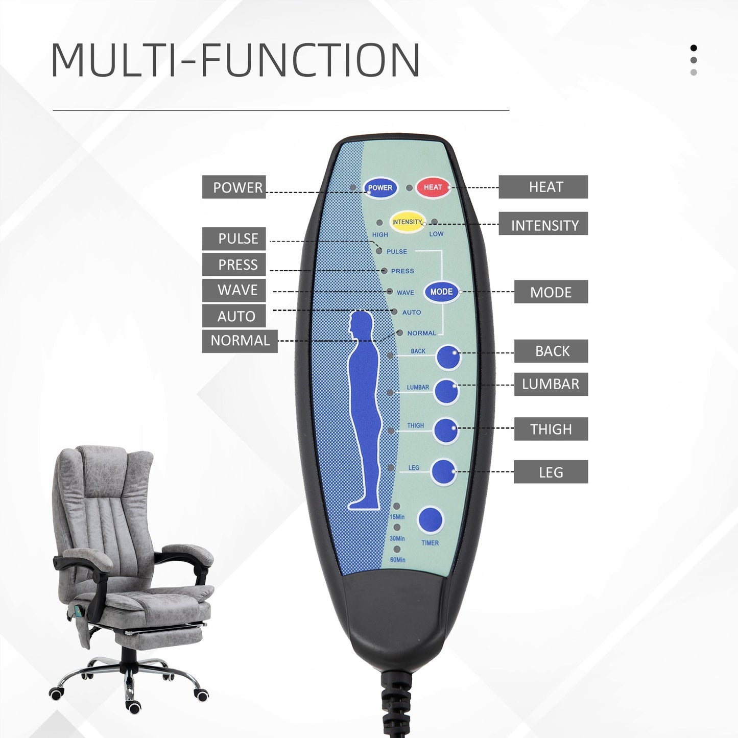 Vinsetto 6-point Vibrating Heat Massage Chair Micro Fibre Upholstery w/ Manual Footrest Padding High Back Remote Wheels Swivel Chair Reclining Grey