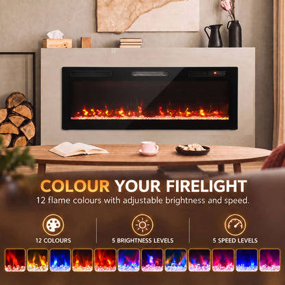 HOMCOM Ultra-Thin Electric Fire Wall Mounted/Recessed/Freestanding 127cm/50" Electric Fireplace with 12 Colours, 5 Brightness