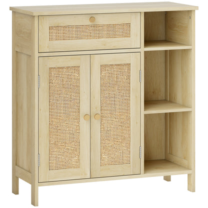 HOMCOM Rattan Sideboard Cabinet with Drawer 2 Doors Adjustable Shelves Kitchen Storage 75 x 30 x 79.5 cm Natural Wood Effect