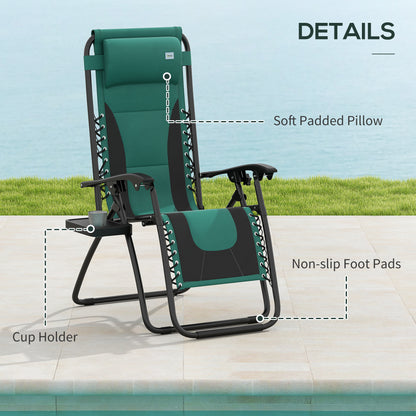 Outsunny Zero Gravity Lounger Chair Set of 2, składany rozkładany fotel ogrodowy z wyściełanym siedziskiem, uchwytem na kubek, miękką poduszką i zagłówkiem do użytku przy basenie, kempingowy, zielony