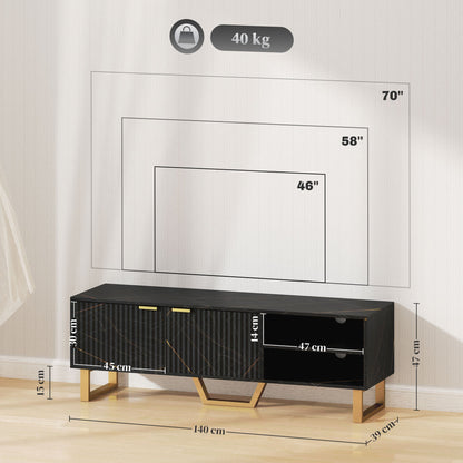 HOMCOM Szafka pod telewizor z efektem marmuru, szafka pod telewizor do telewizorów 70", nowoczesna szafka pod telewizor z półkami i szafką do przechowywania, drzwiczki żłobkowane, dodatkowa noga środkowa, zarządzanie kablami do salonu, czarna