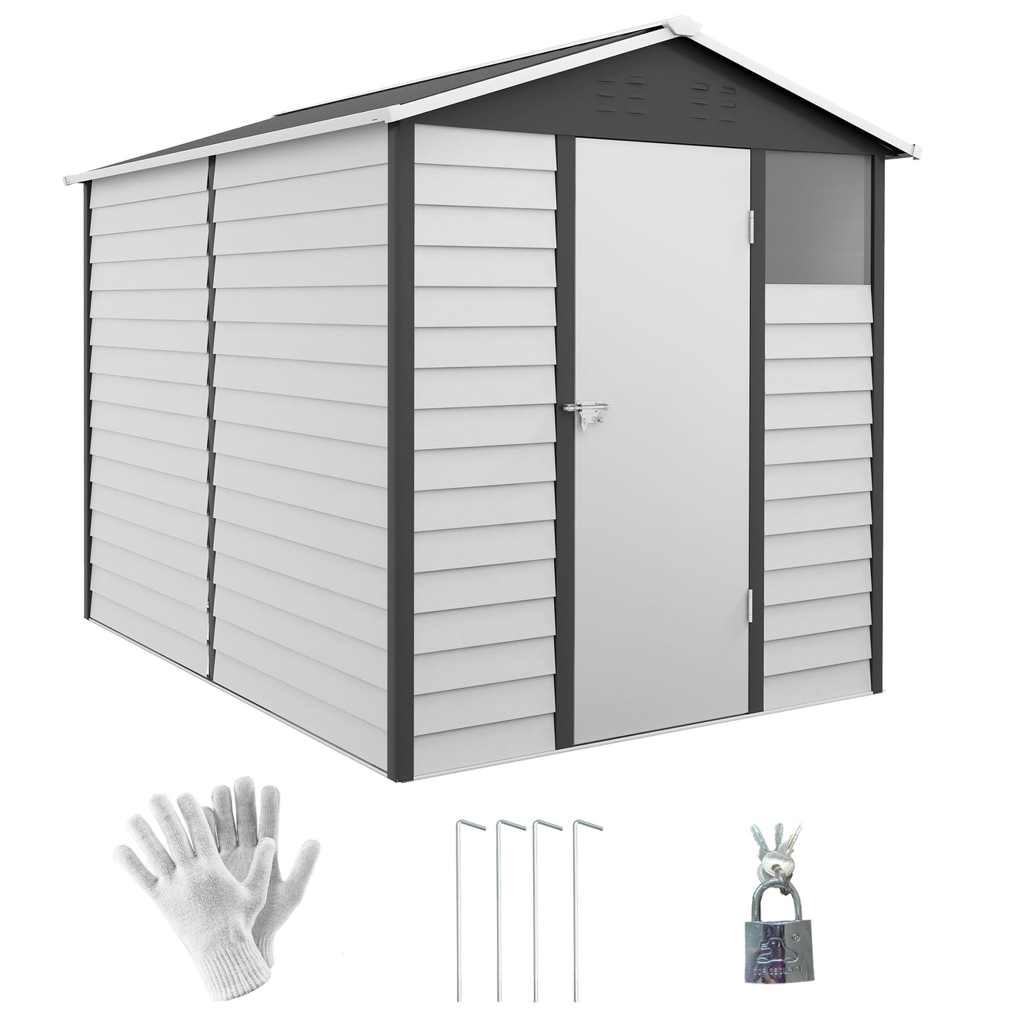 Outsunny 9x 6FT Metalowy zewnętrzny domek ogrodowy, ocynkowany domek narzędziowy ze skośnym dachem, zamykane drzwi na patio i trawnik, ciemnoszary
