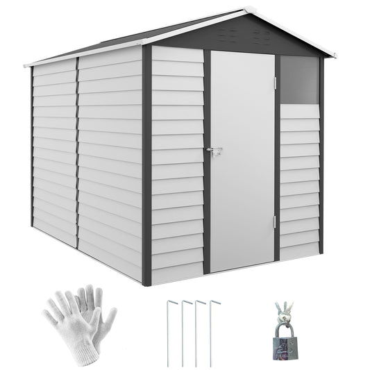 Outsunny 9x 6FT Metalowy zewnętrzny domek ogrodowy, ocynkowany domek narzędziowy ze skośnym dachem, zamykane drzwi na patio i trawnik, ciemnoszary