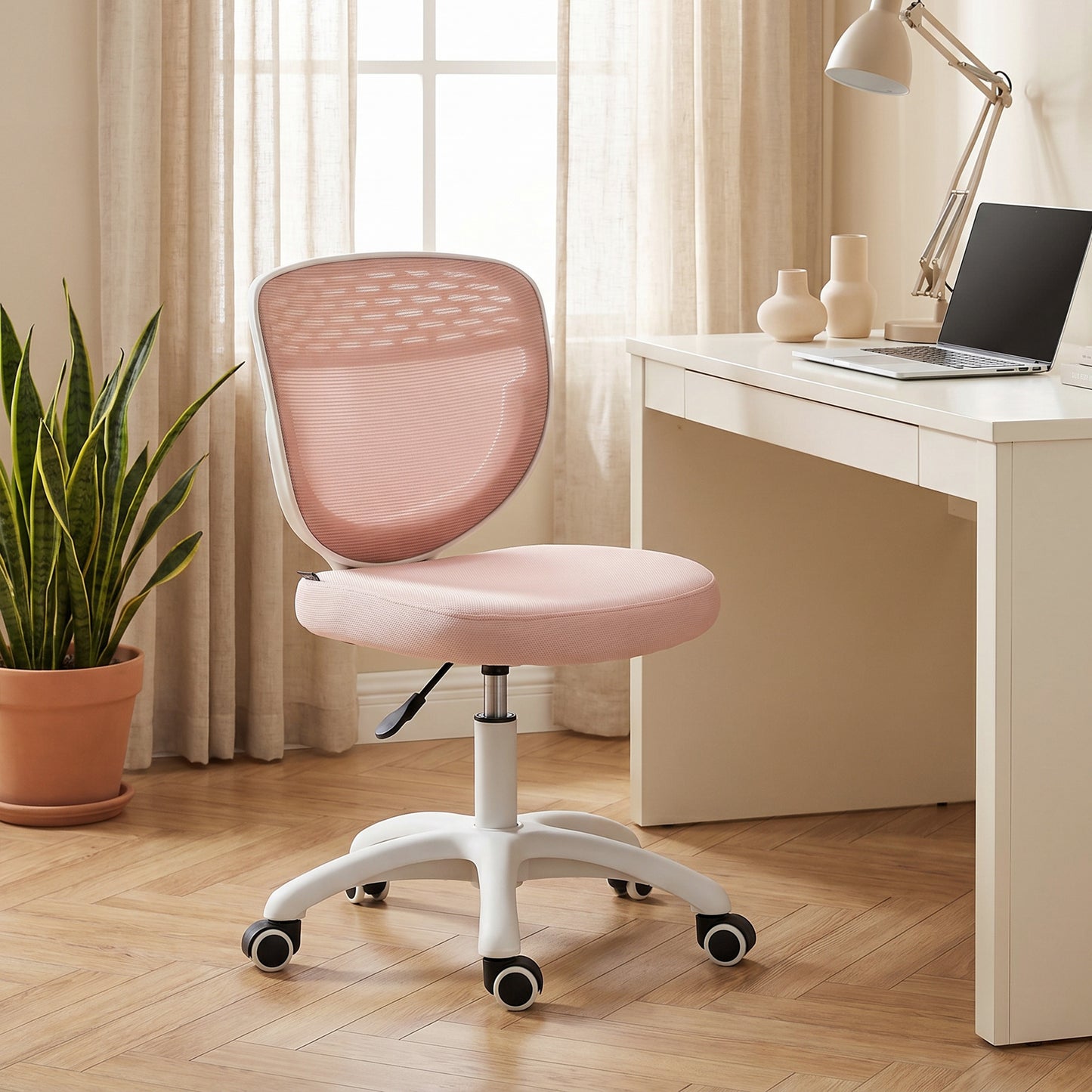 HOMCOM Office Chair, Armless Computer Desk Chair with Breathable Mesh, Adjustable Height, Swivel Wheels, Pink