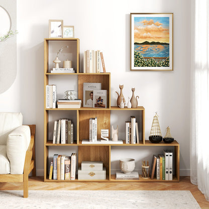 4-Tier Stepped Bookshelf Modern Ladder Bookcase with 6 Storage Cubes-Natural