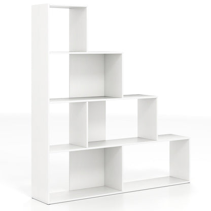 4-Tier Stepped Bookshelf Modern Ladder Bookcase with 6 Storage Cubes-White