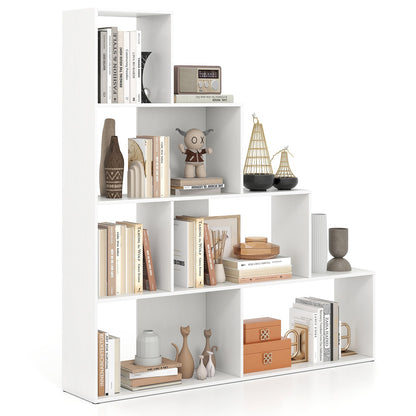 4-Tier Stepped Bookshelf Modern Ladder Bookcase with 6 Storage Cubes-White