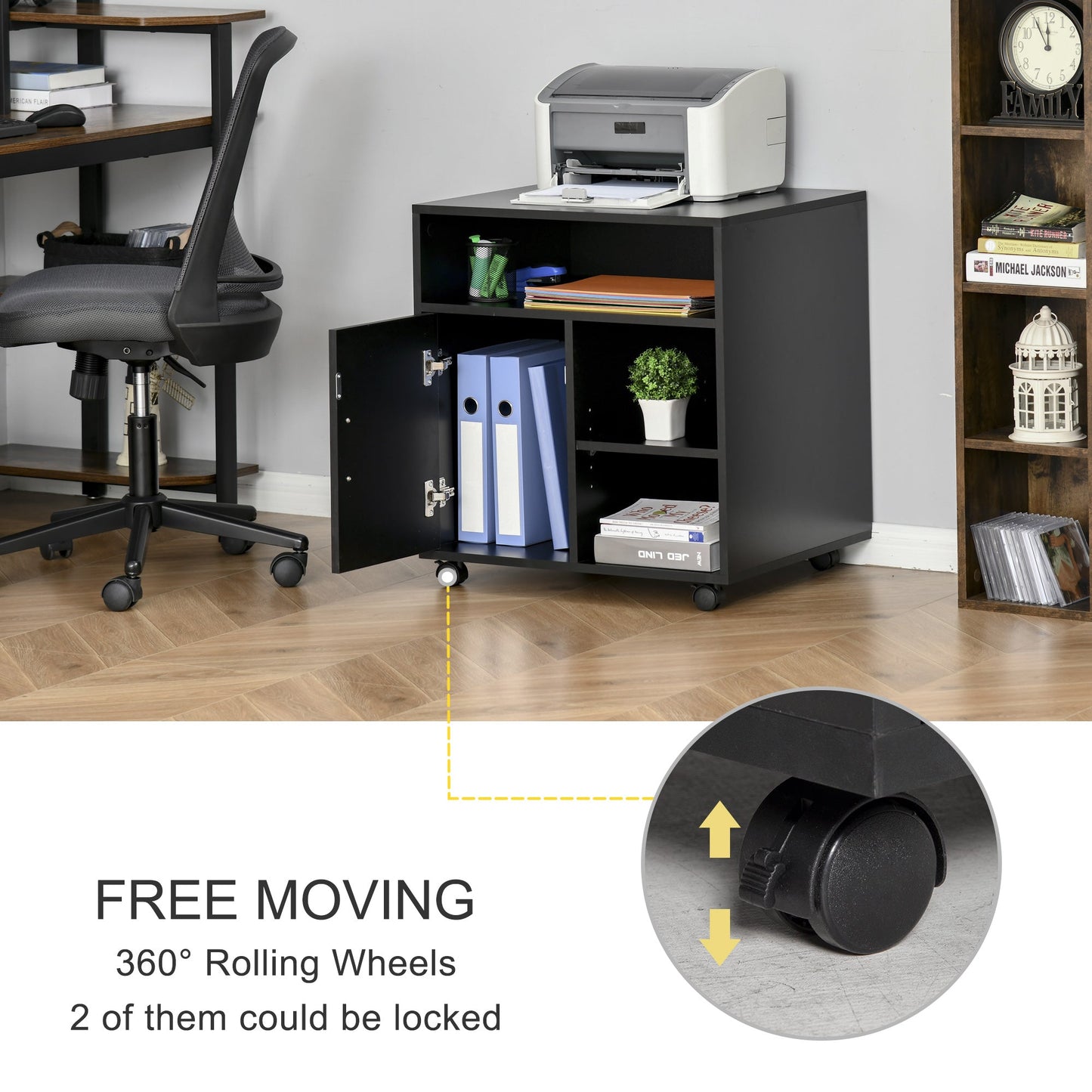 HOMCOM Multi-Storage Printer Stand Unit Office Desk Side Mobile Storage w/ Wheels Modern Style 60L x 50W x 65.5H cm - Black