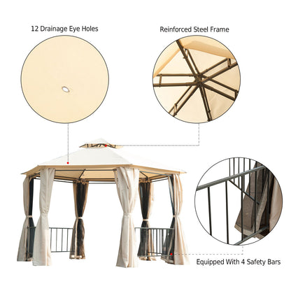 Outsunny 3 x 3(m) Hexagon Gazebo Patio Canopy Party Tent Outdoor Garden Shelter w/ 2 Tier Roof & Side Panel - Beige