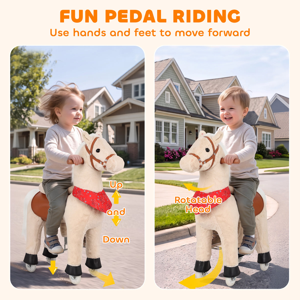 AIYAPLAY Ride on Horse Pedal Ride On Walking Horse Toy Rotatable Head Neighing Sound, Light Brown