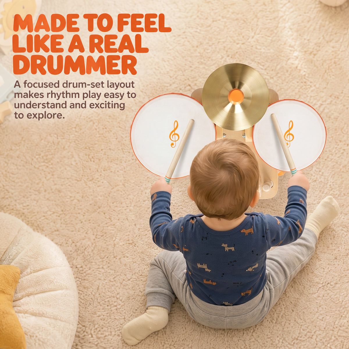 AIYAPLAY Kids Drum Kit, Wooden Musical Instruments with 2 Drums, Cymbal, Scraper, 2 Mallets for Toddlers, Music Learning, Natural
