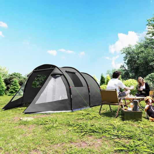 Outsunny 3-4 Man Tunnel Tent, dwupokojowy namiot kempingowy z oknami i pokrowcami, przenośna torba transportowa, do wędkowania, wędrówek, sportu, festiwali - czarny
