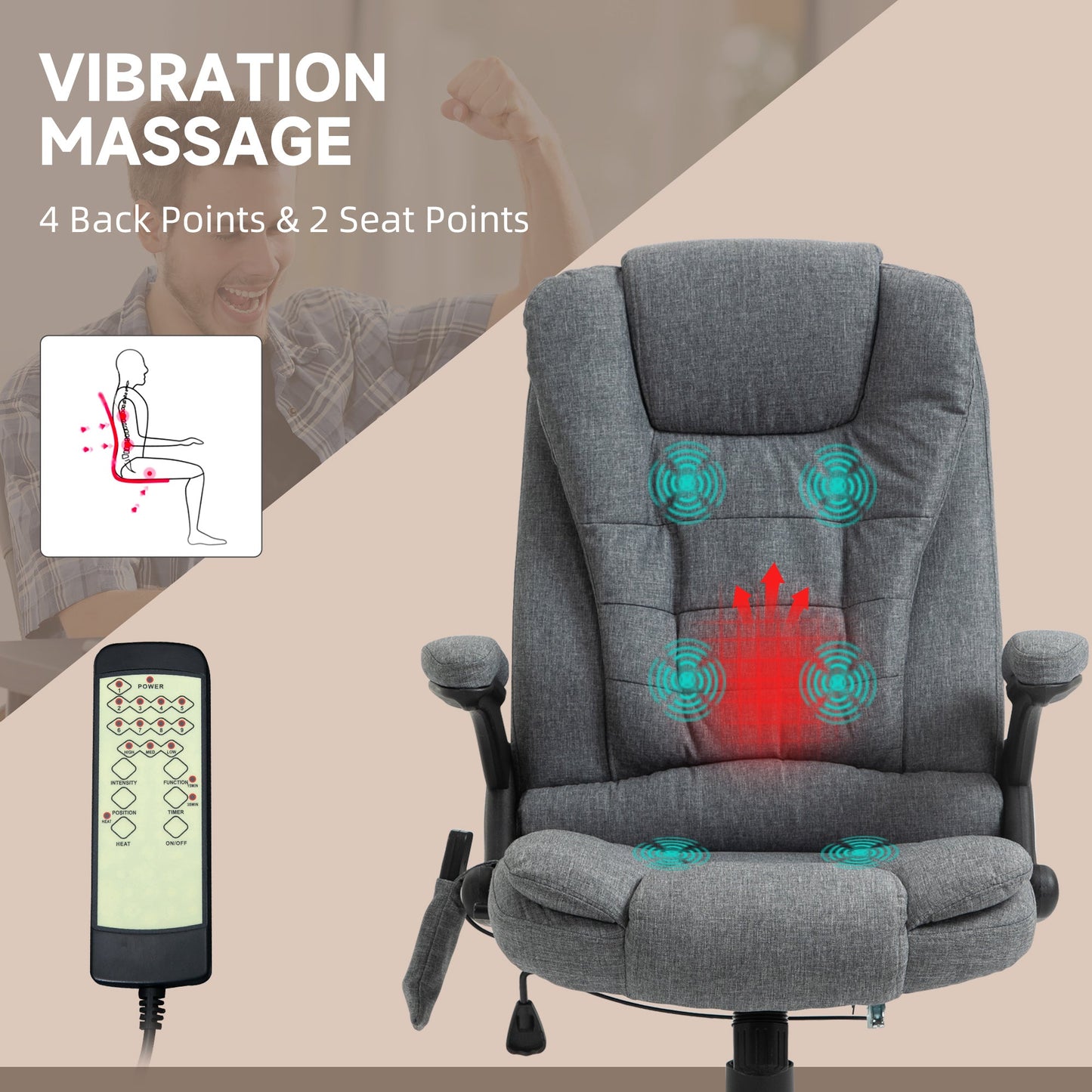 Vinsetto Massage Recliner Chair Heated Office Chair with Six Massage Points Linen-Feel Fabric 360¡ Swivel Wheels Grey