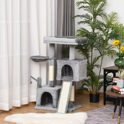 PawHut Cat Tree Tower for Indoor Cats, 111cm Kitten Activity Centre with Scratching Post Pad Hammock Condo Bed Ball Toy, Grey