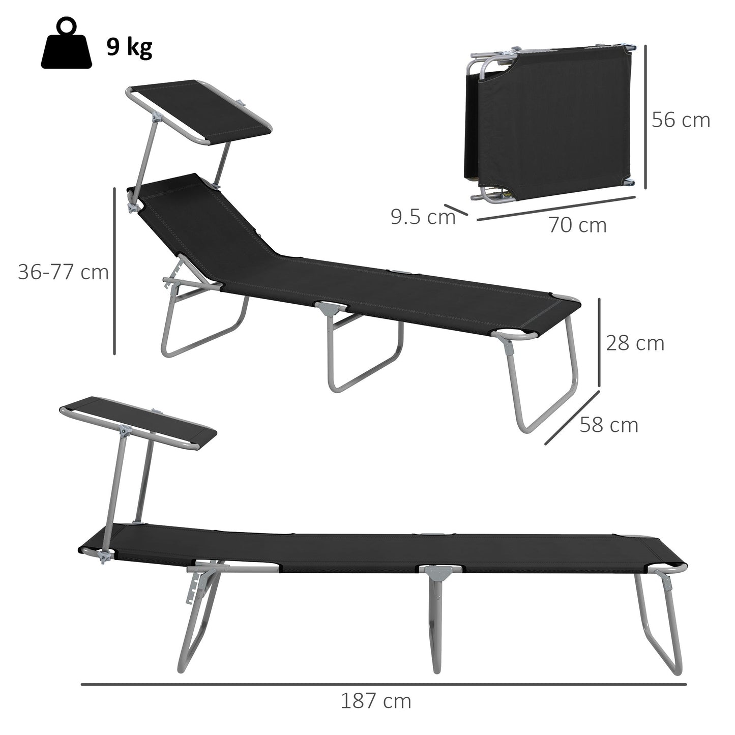 Outsunny Foldable Sun Lounger Set of 2 with Sun Shade & Adjustable Backrest - Black