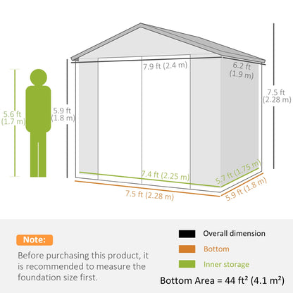 Outsunny 8 x 6ft Garden Shed with Foundation Kit, Polypropylene Outdoor Storage Tool House with Ventilation Slots and Lockable Door, Grey