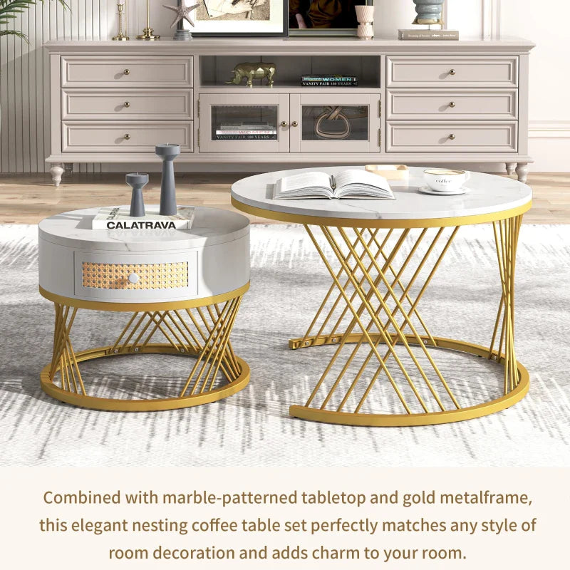 2-in-1 Marble Coffee Table Set with Marble Grain Veneer Top, Rattan Drawers, and Solid Wood Handles, Gold Iron Legs, 70x70x45.5 cm + 50x50x38.5 cm, White+Gold