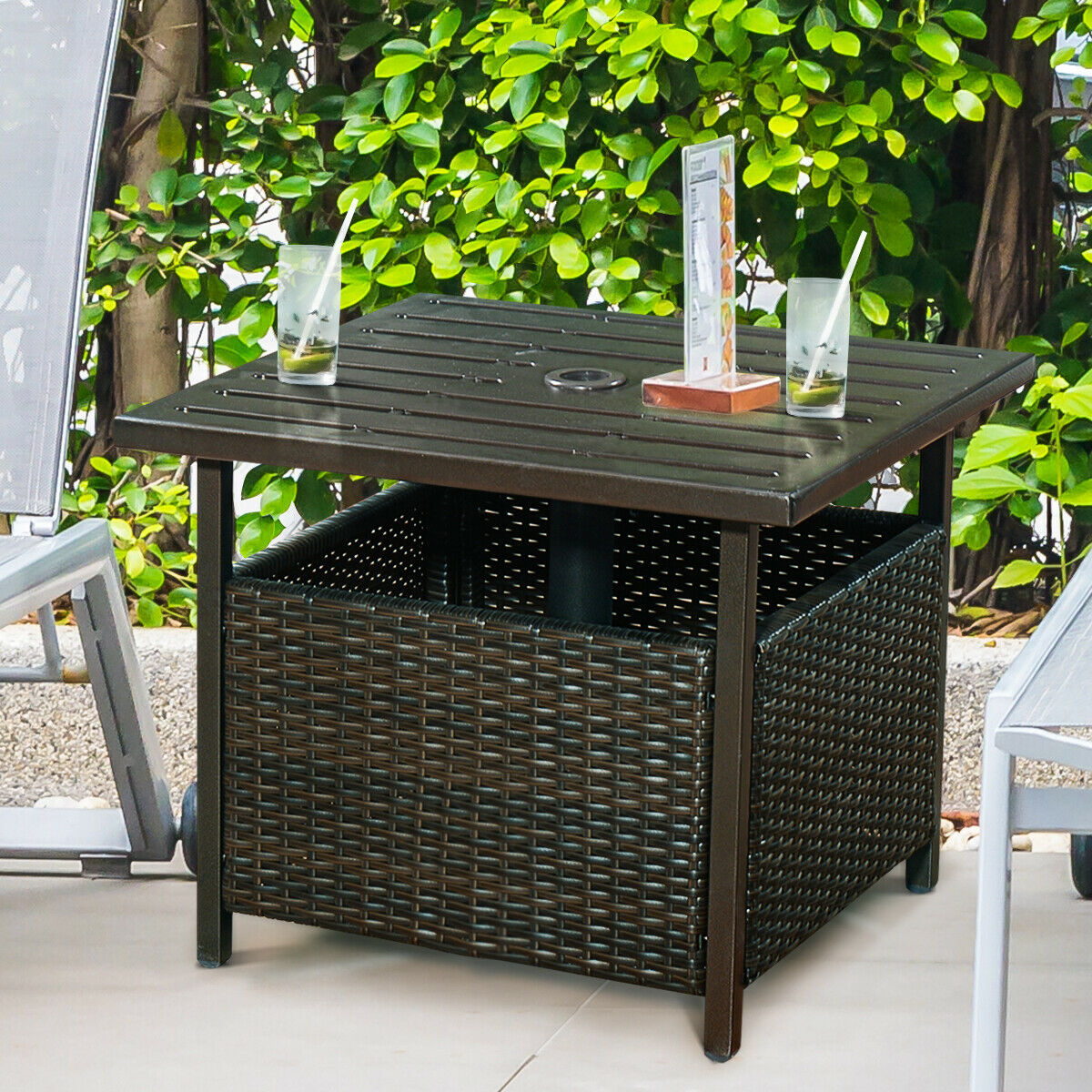 Square Rattan Patio Table with Parasol Hole