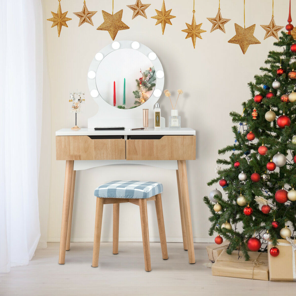 Vanity Dressing Table Makeup Desk with LED Round Mirror Bedroom-Natural