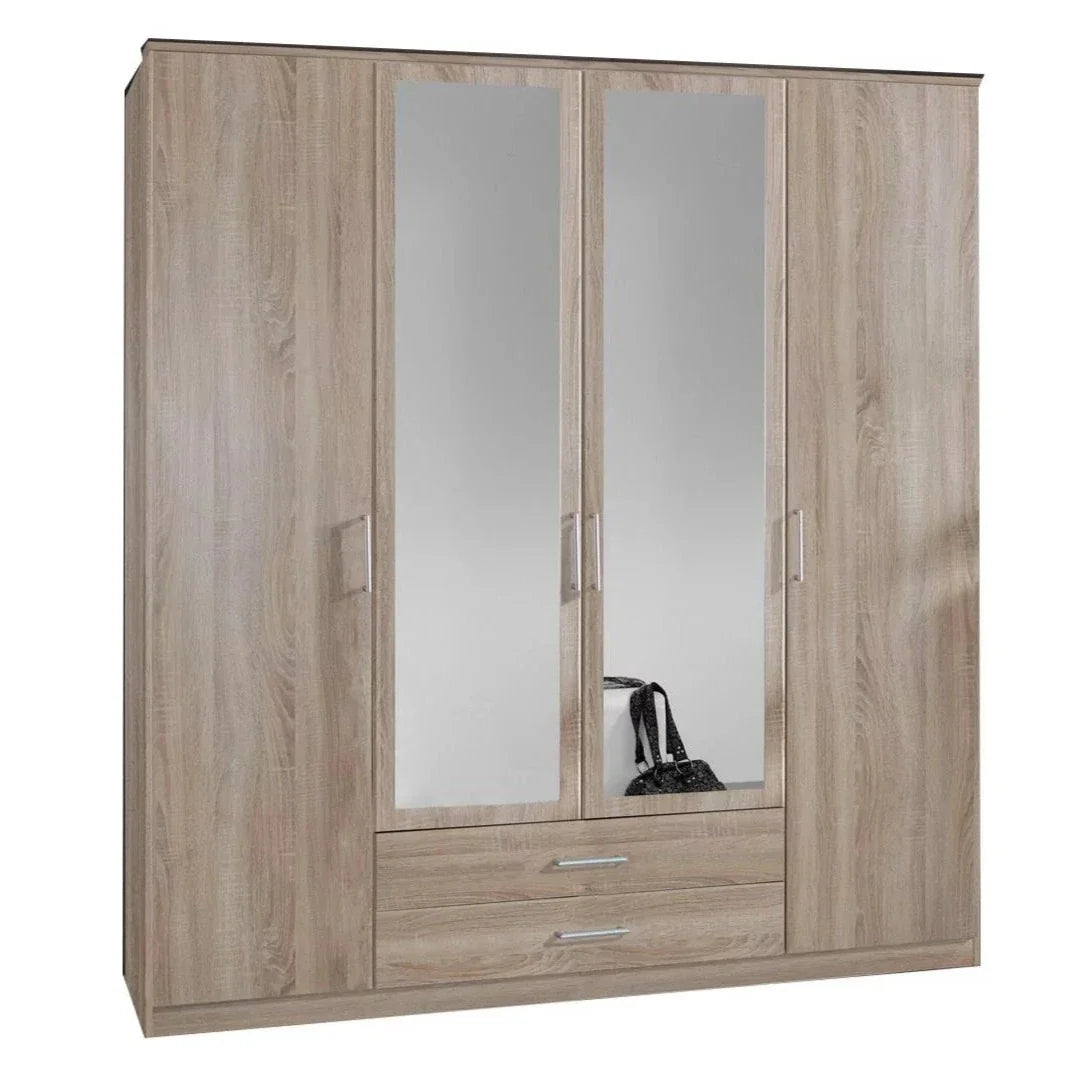 Oscar 4 Door 2 Drawer Mirrored Wardrobe - Oak or Walnut