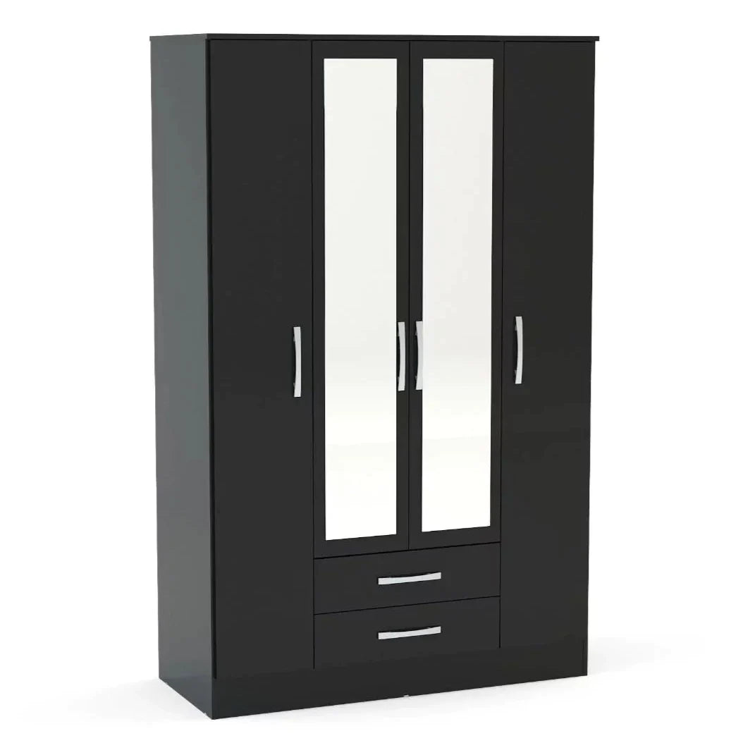 Lynx 4 Door 2 Drawer Mirrored Wardrobe - Black