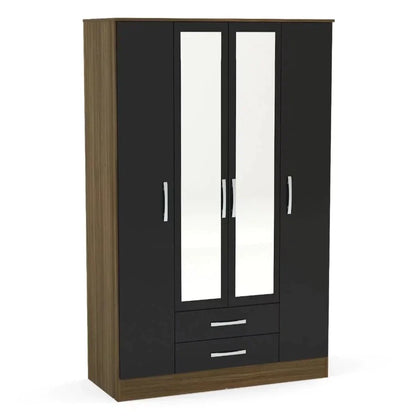 Lynx 4 Door 2 Drawer Mirrored Wardrobe - Walnut and Black