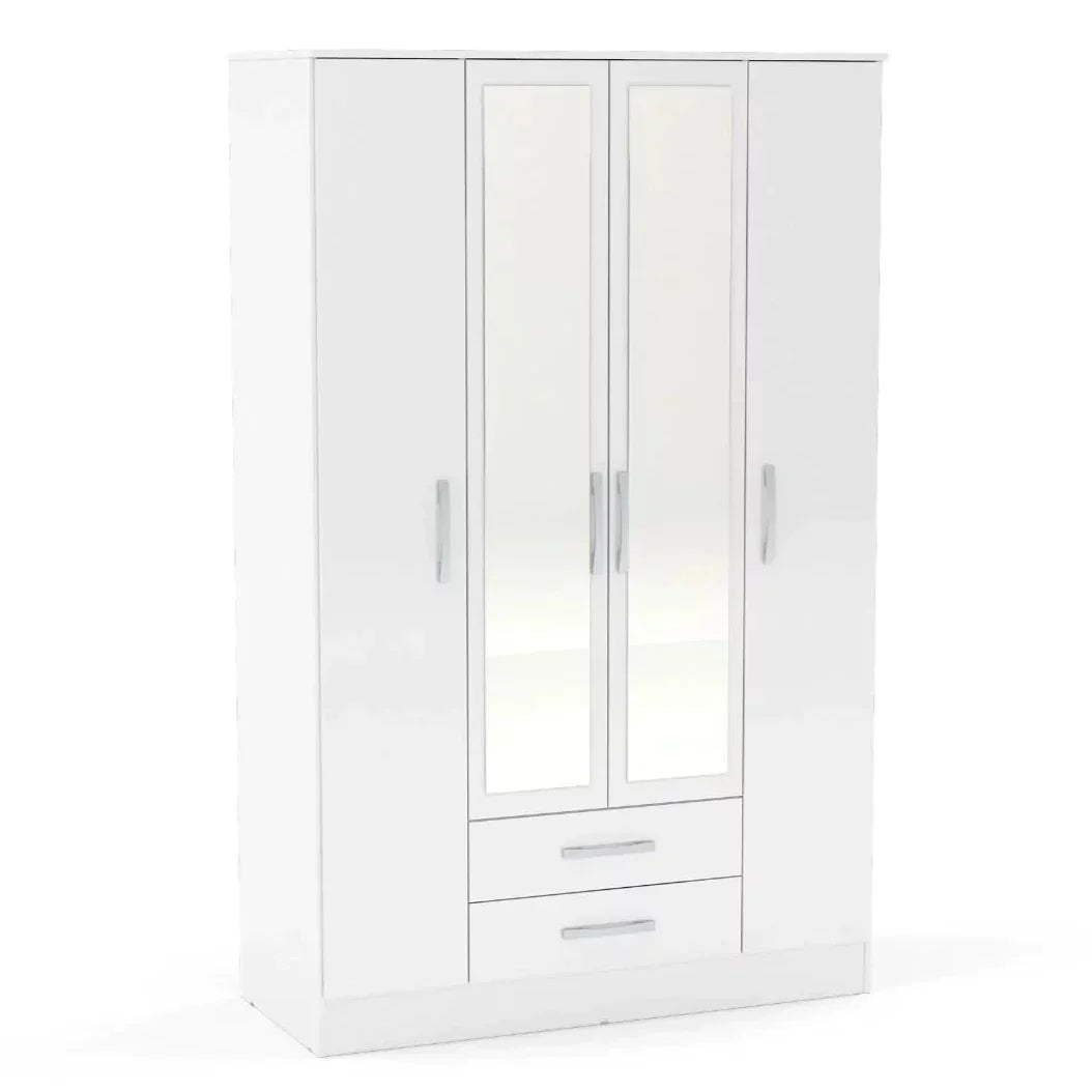 Lynx 4 Door 2 Drawer Mirrored Wardrobe - White