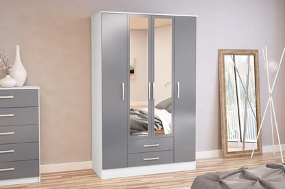 Lynx 4 Door 2 Drawer Mirrored Wardrobe - White and Grey