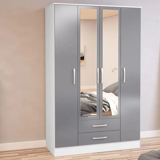 Lynx 4 Door 2 Drawer Mirrored Wardrobe - White and Grey